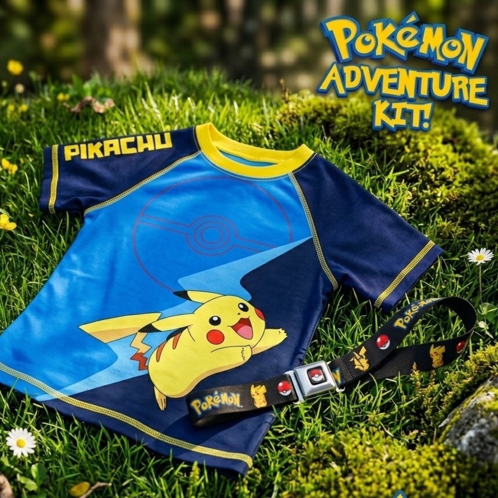 Pokemon Pikachu Rash Guard Swim Shirt 10/12 and Seatbelt Belt Bundle Kids Blue